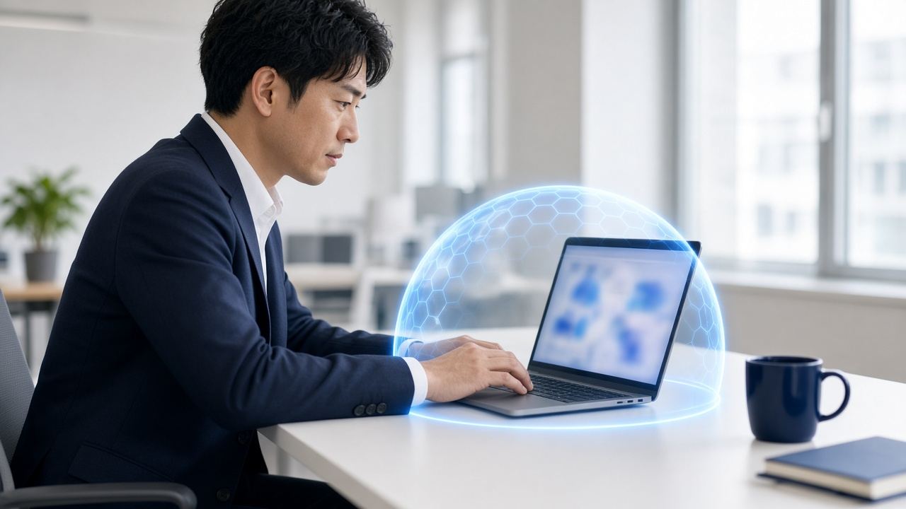 An employee using an AI assistant, with a protective shield around the laptop