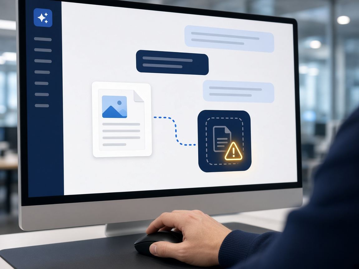 Dragging a file into a chat-style AI tool, with a warning sign