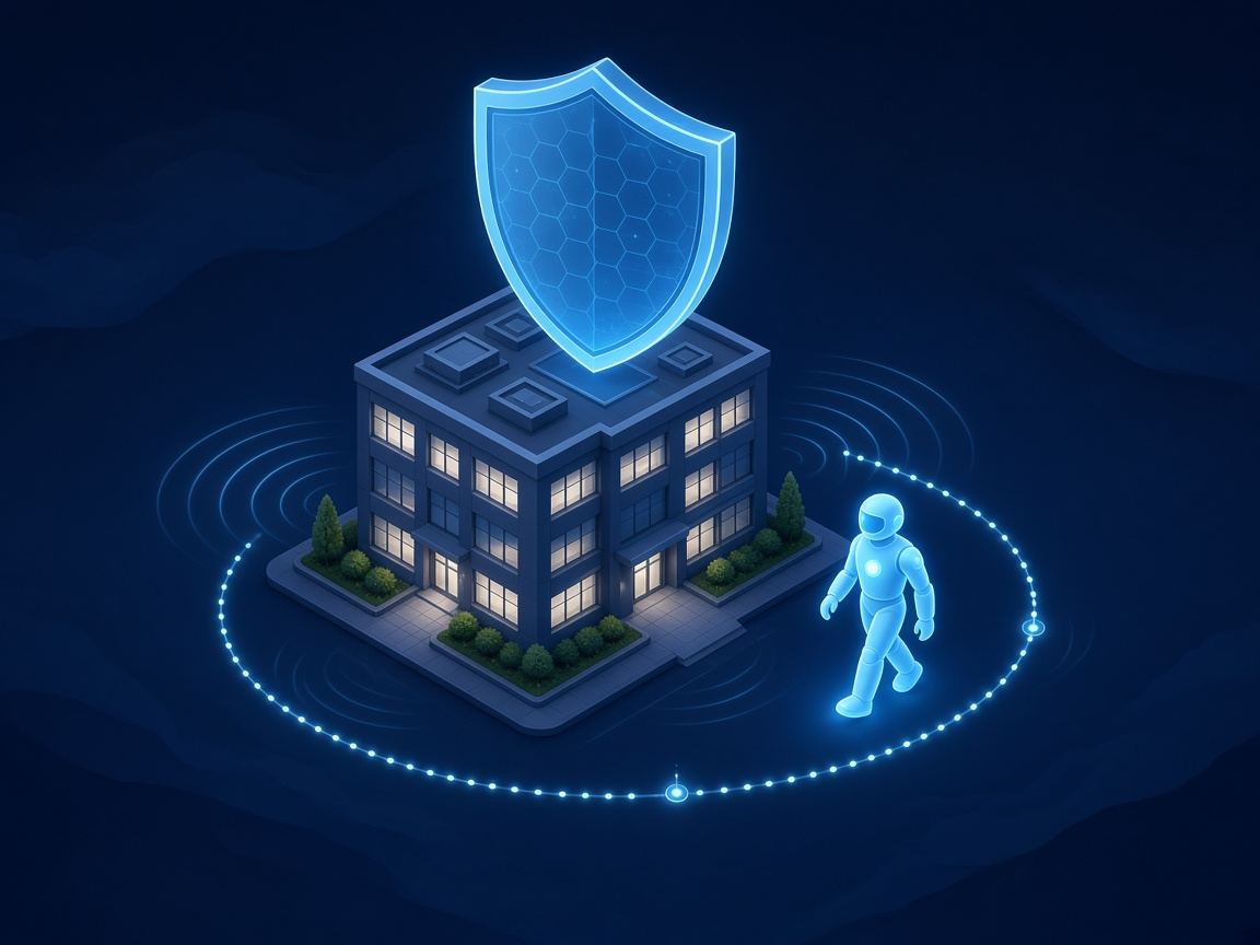 建物を巡回する AI の警備員とシールドのイラスト