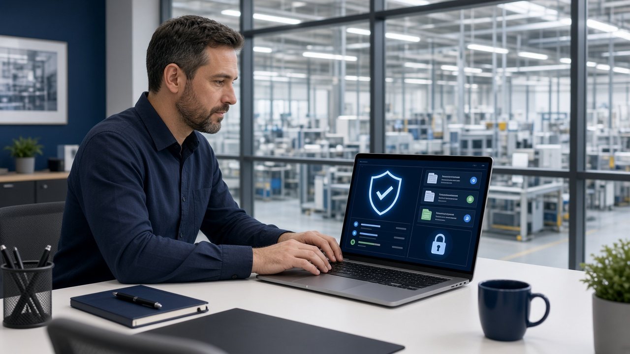An IT manager checking endpoint protection and data labels in an office overlooking a factory