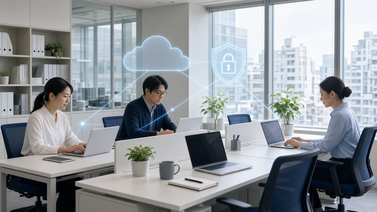 An office with a cloud and shield overlay
