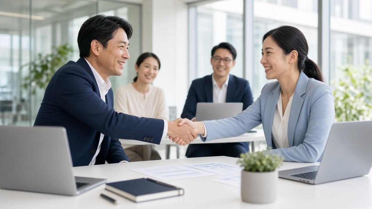 パートナー同士の握手と打ち合わせ